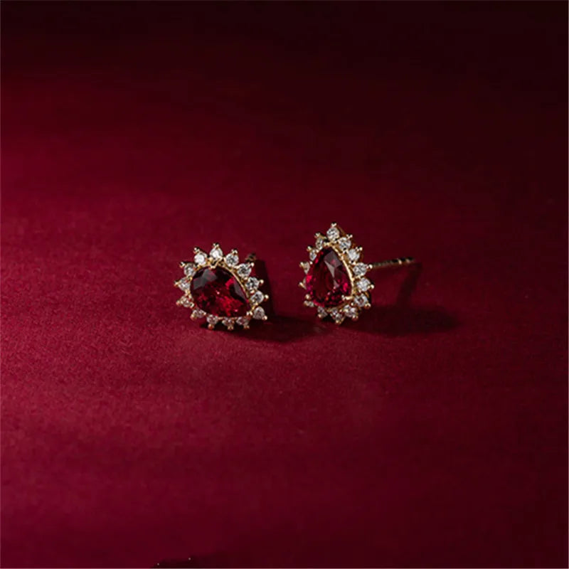 925 Sterling Silver 14K Gold Plated Ruby Zircon Stud Earrings