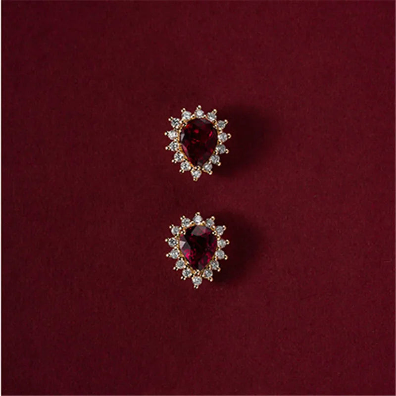 925 Sterling Silver 14K Gold Plated Ruby Zircon Stud Earrings