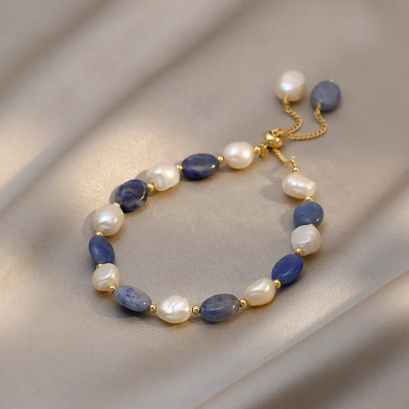 Trendy Blue Jade & Baroque Freshwater Pearl Bracelet