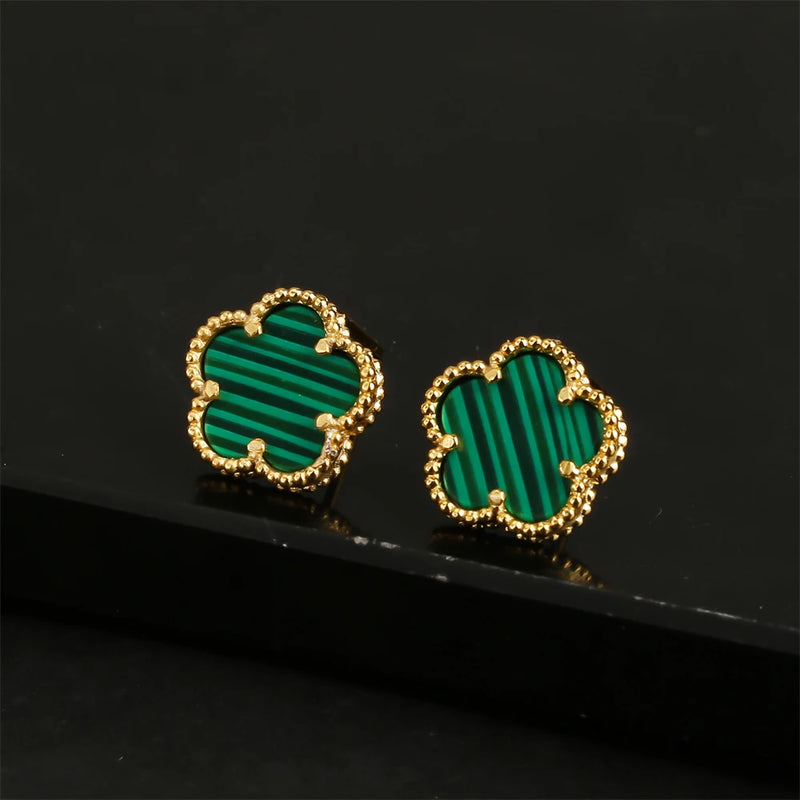 18K Gold Plated Natural Stone Clover Stud Earrings