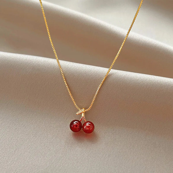 Stainless Steel Wine Red Cherry Pendant Necklace