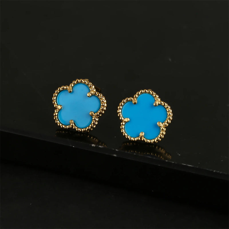 18K Gold Plated Natural Stone Clover Stud Earrings