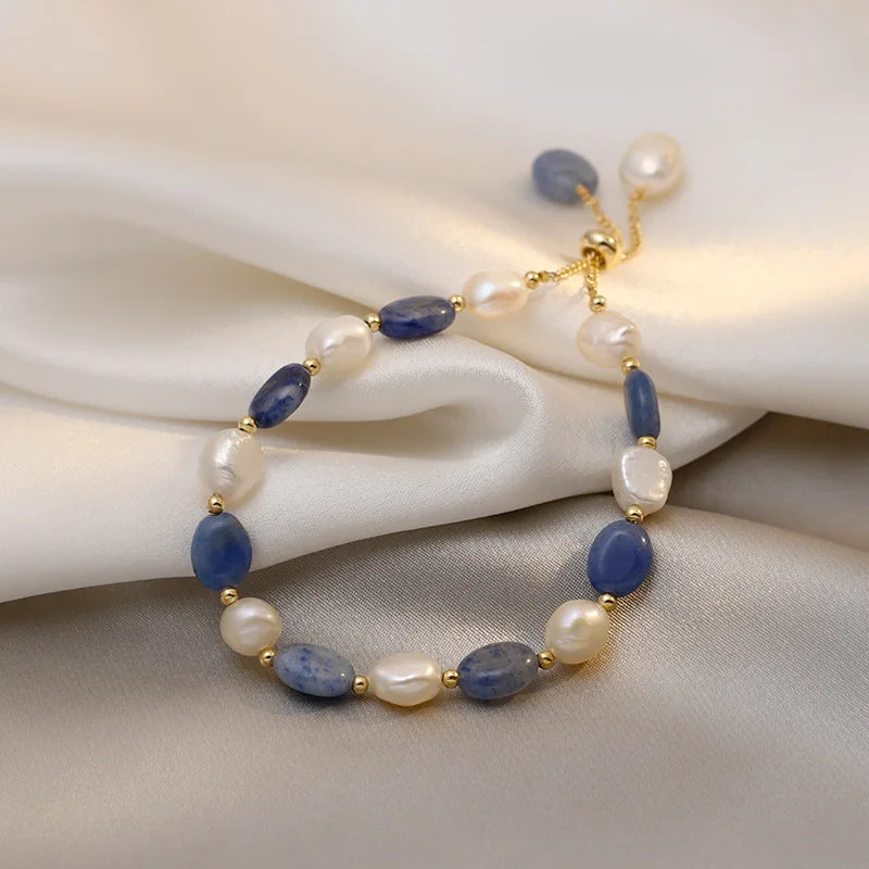 Trendy Blue Jade & Baroque Freshwater Pearl Bracelet