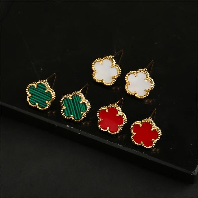 18K Gold Plated Natural Stone Clover Stud Earrings