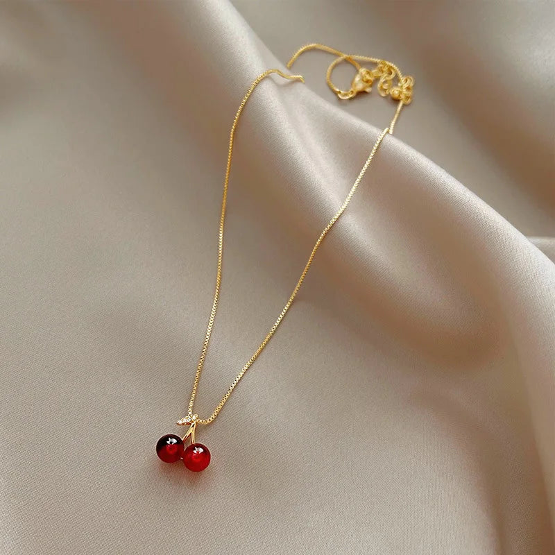 Stainless Steel Wine Red Cherry Pendant Necklace